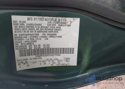 2000 Ford Taurus Se из США, поврежденный, VIN 1FAFP53U9YA277890